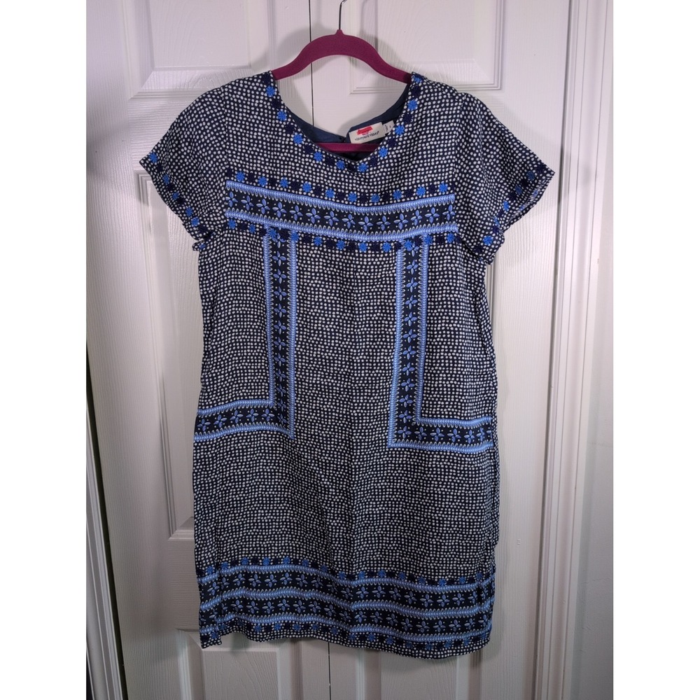 Ladies Vineyard Vines Blue Embroidered Floral Polka Dot Linen Shift Dress Size 4